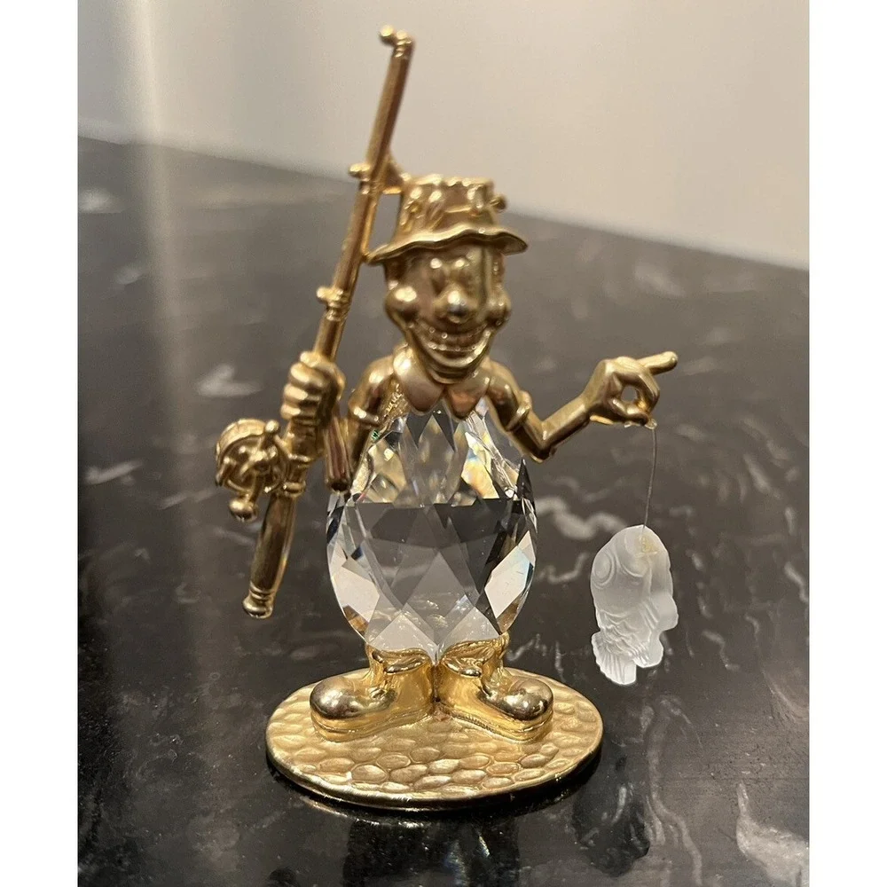 Vintage Manon 1984 Clown Fisherman With Crystal Belly & Fishing Pole Gold 2.75